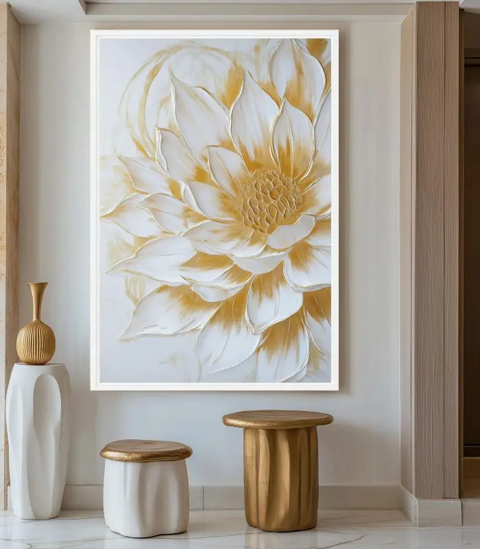 تابلو دکوراتیو گل سفید و طلایی