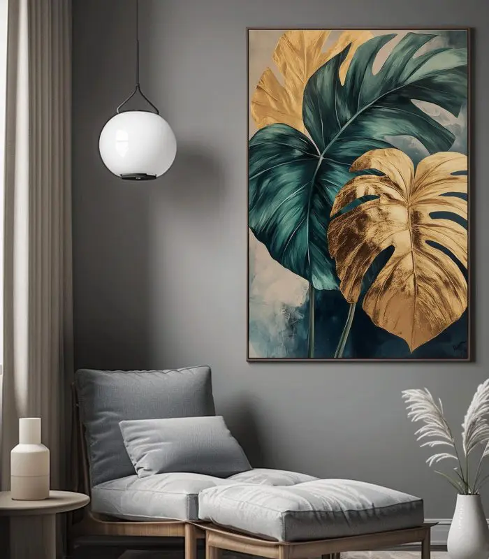 تابلو دکوراتیو مدرن برگ طلایی و سبز