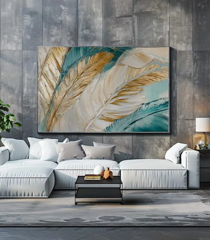 تابلو دکوراتیو پرهای طلایی و آبی