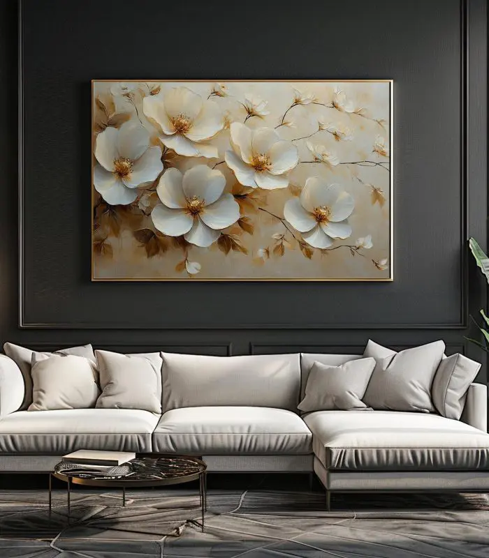 تابلو دکوراتیو گل‌های سفید کرم