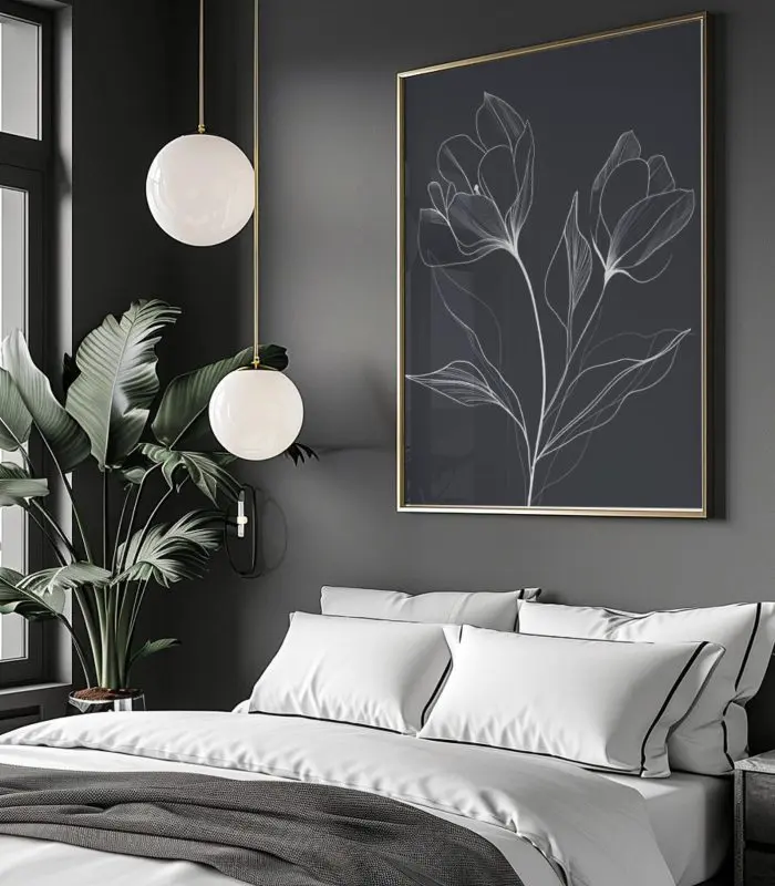 تابلو مینیمال گل با طراحی خطی سفید