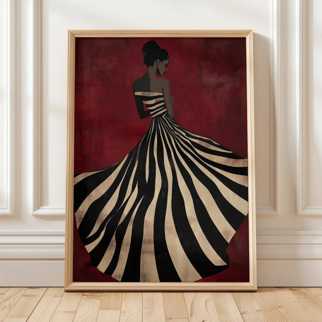 تابلو زن با لباس راه‌راه سیاه‌وسفید