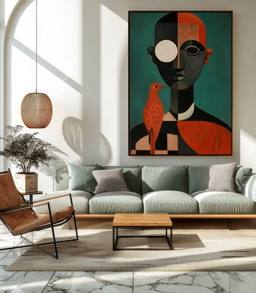 تابلو دکوراتیو آبستره طرح پرتره متفکر و پرنده