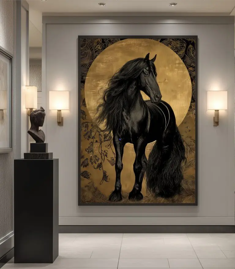 تابلو اسب مشکی با زمینه طلایی