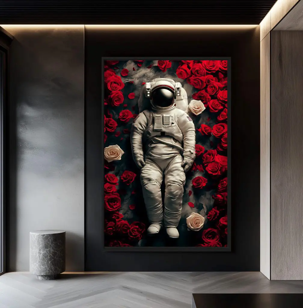 تابلو دکوراتیو فضانورد در میان گل‌های رز