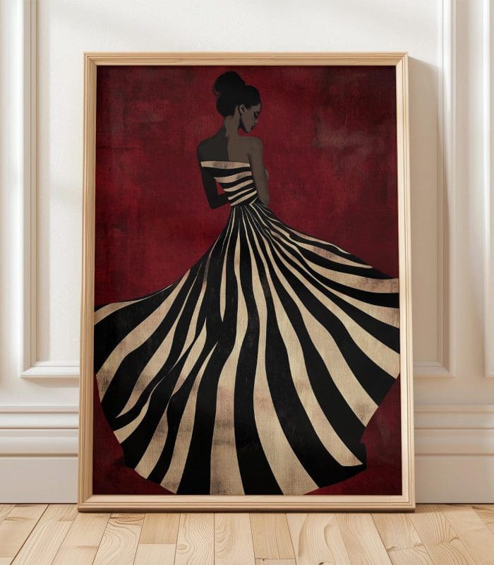 تابلو زن با لباس راه‌راه سیاه‌وسفید