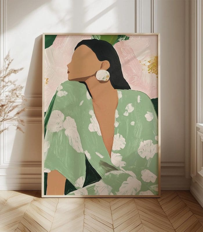 تابلو مدرن زنانه با لباس گل‌دار سبز