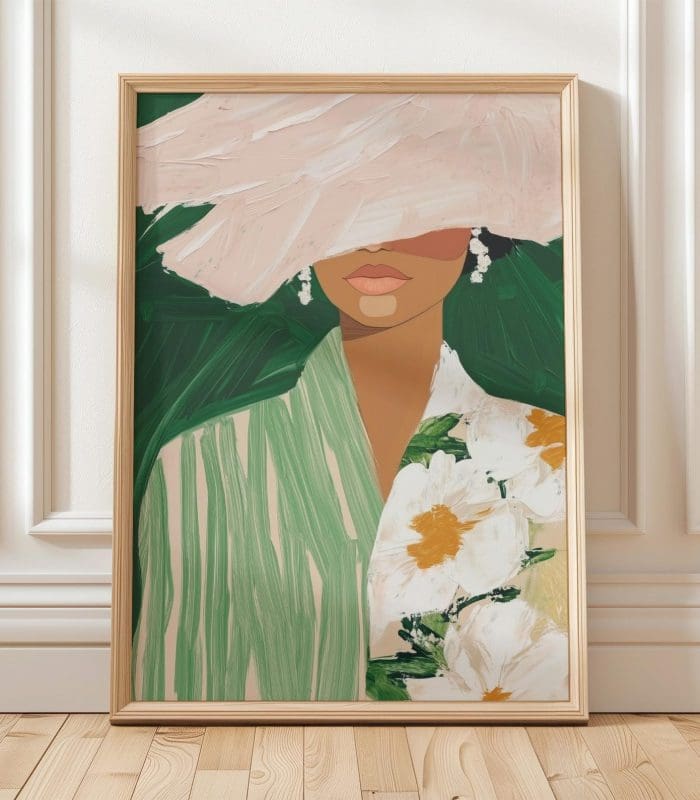 تابلو مدرن زنانه با کلاه و لباس گل‌دار