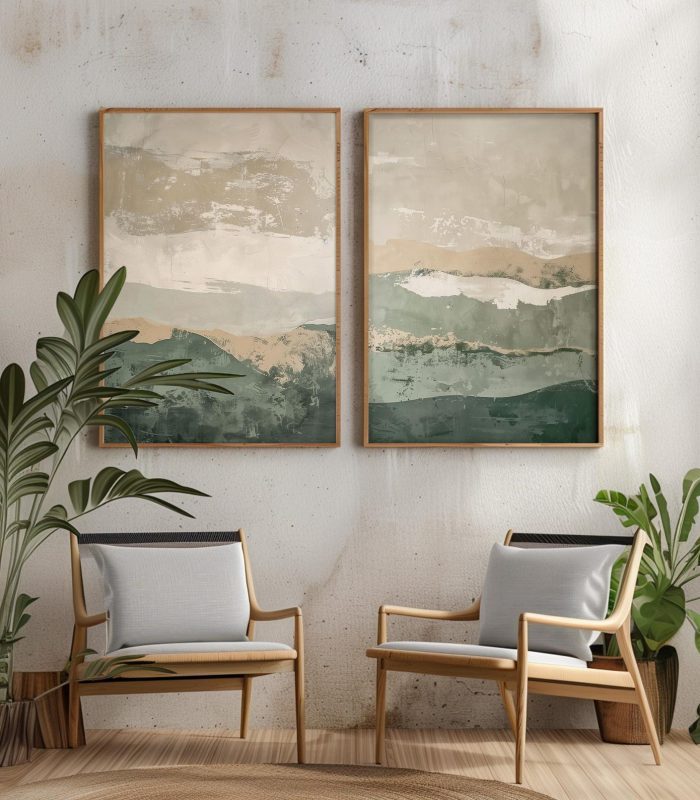 تابلو منظره انتزاعی دو تکه با رنگ‌های سبز و بژ