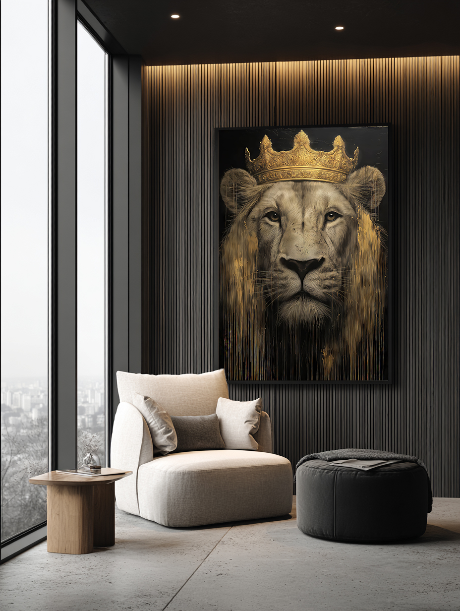 تابلو دکوراتیو شیر با تاج طلایی | پرتره حیوانات مدرن و سلطنتی