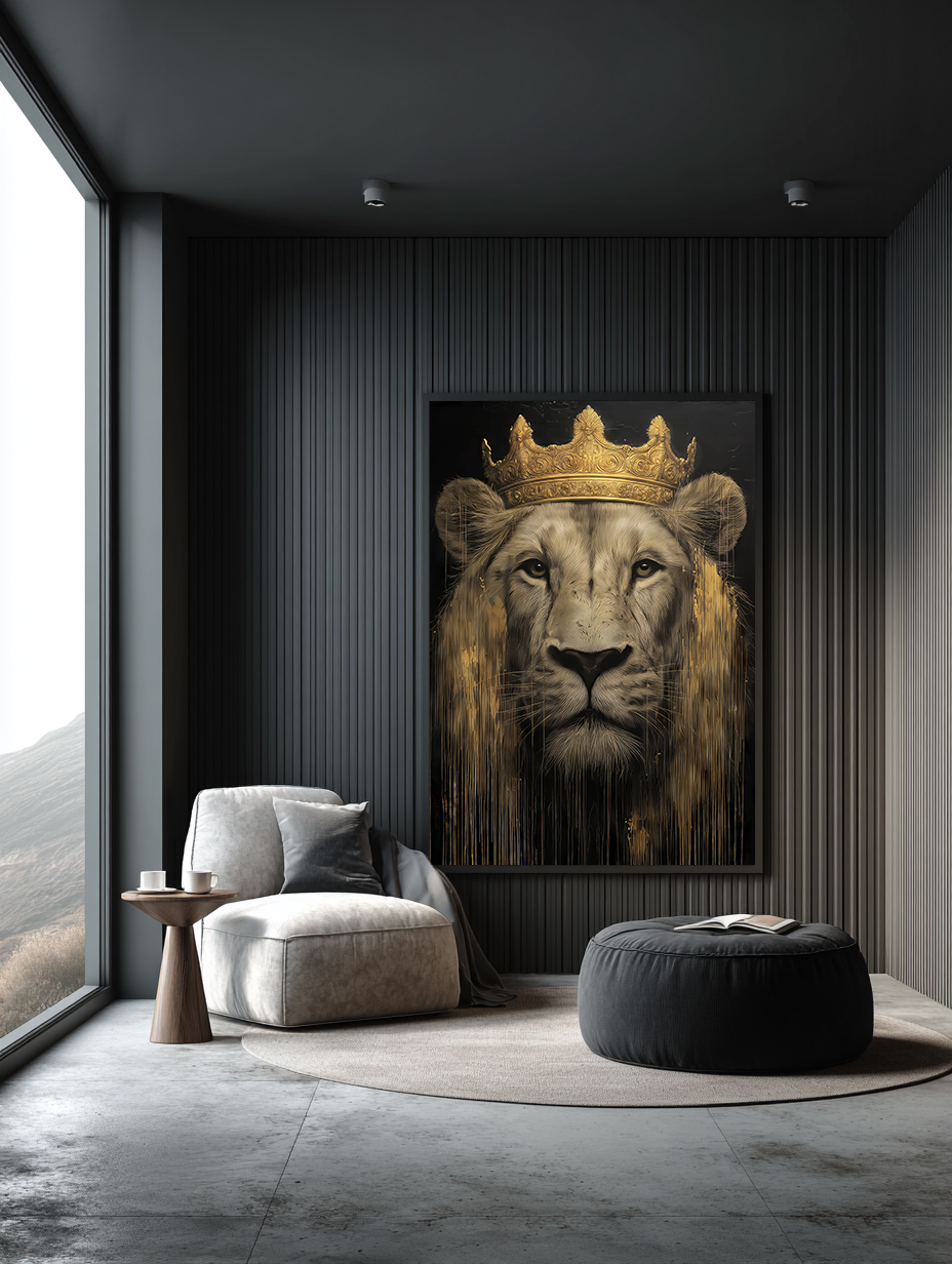 تابلو دکوراتیو شیر با تاج طلایی | پرتره حیوانات مدرن و سلطنتی