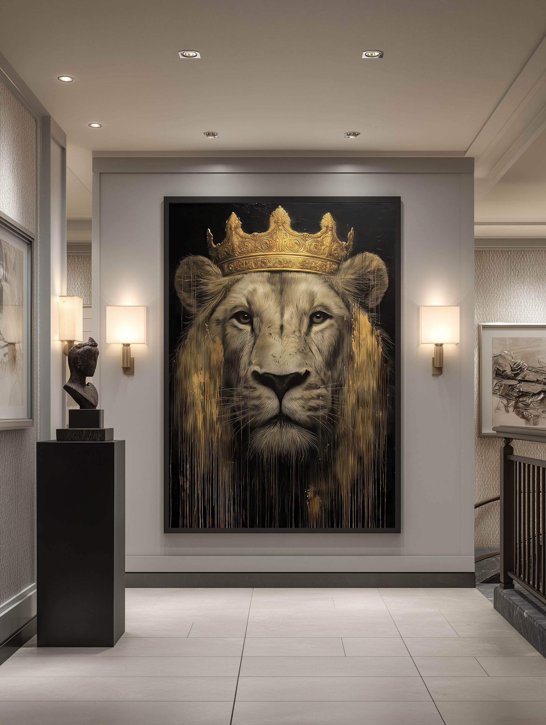 تابلو دکوراتیو شیر با تاج طلایی | پرتره حیوانات مدرن و سلطنتی