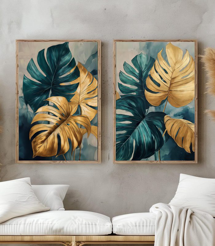 تابلو مدرن دو تکه طرح برگ‌های مونسترای طلایی و سبز