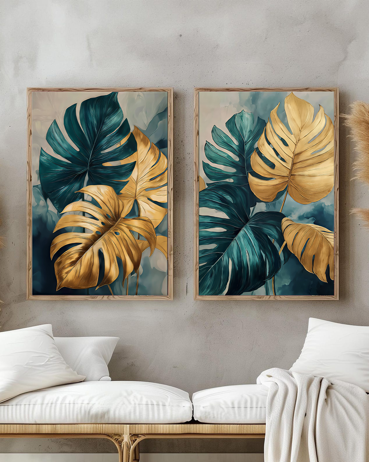 تابلو مدرن دو تکه طرح برگ‌های مونسترای طلایی و سبز
