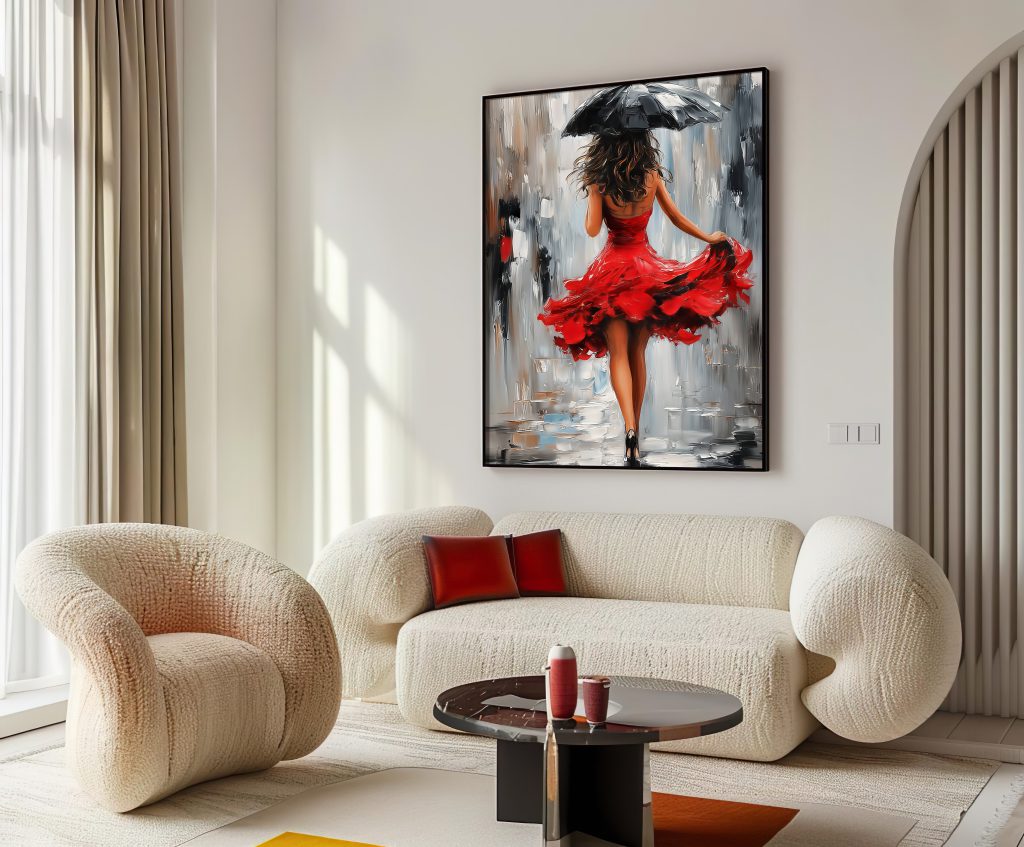 تابلو دکوراتیو زن با لباس قرمز و چتر