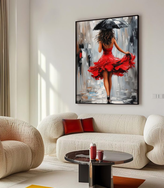 تابلو دکوراتیو زن با لباس قرمز و چتر