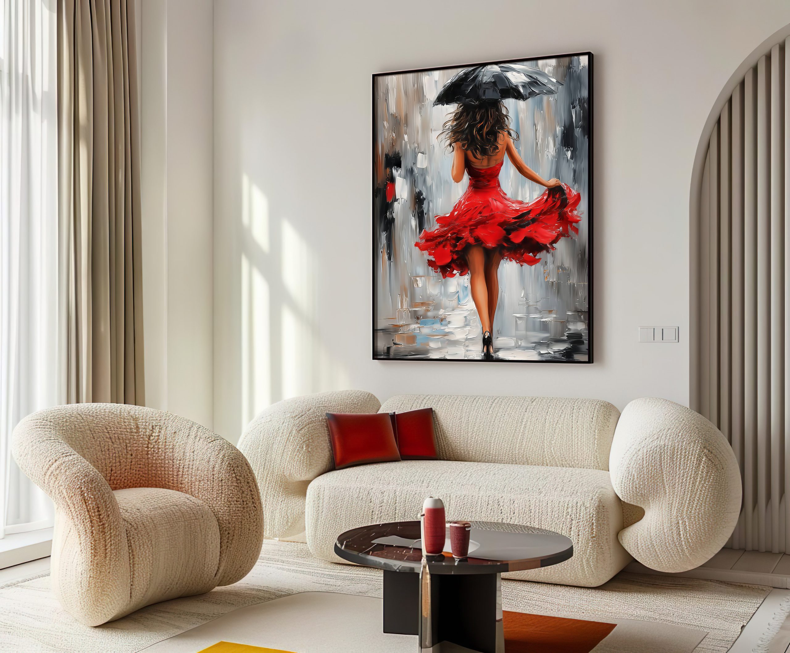 1 (5.7 RATIO) copy تابلو دکوراتیو زن با لباس قرمز و چتر