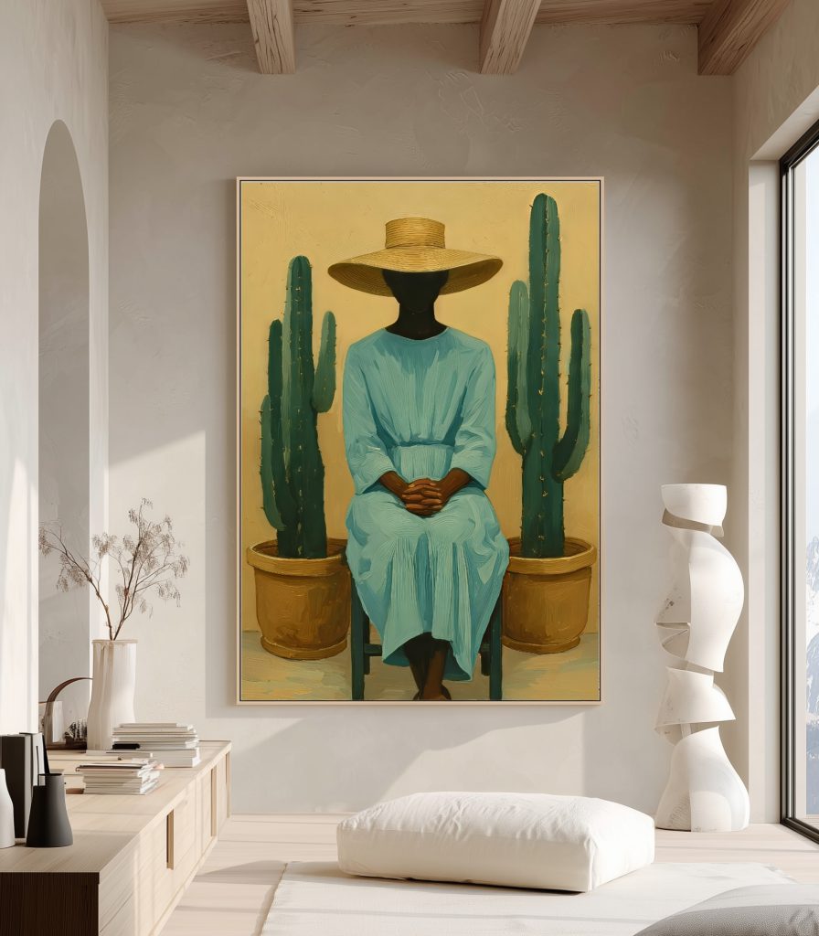 تابلو دکوراتیو مدرن طرح بانوی کویر و کاکتوس
