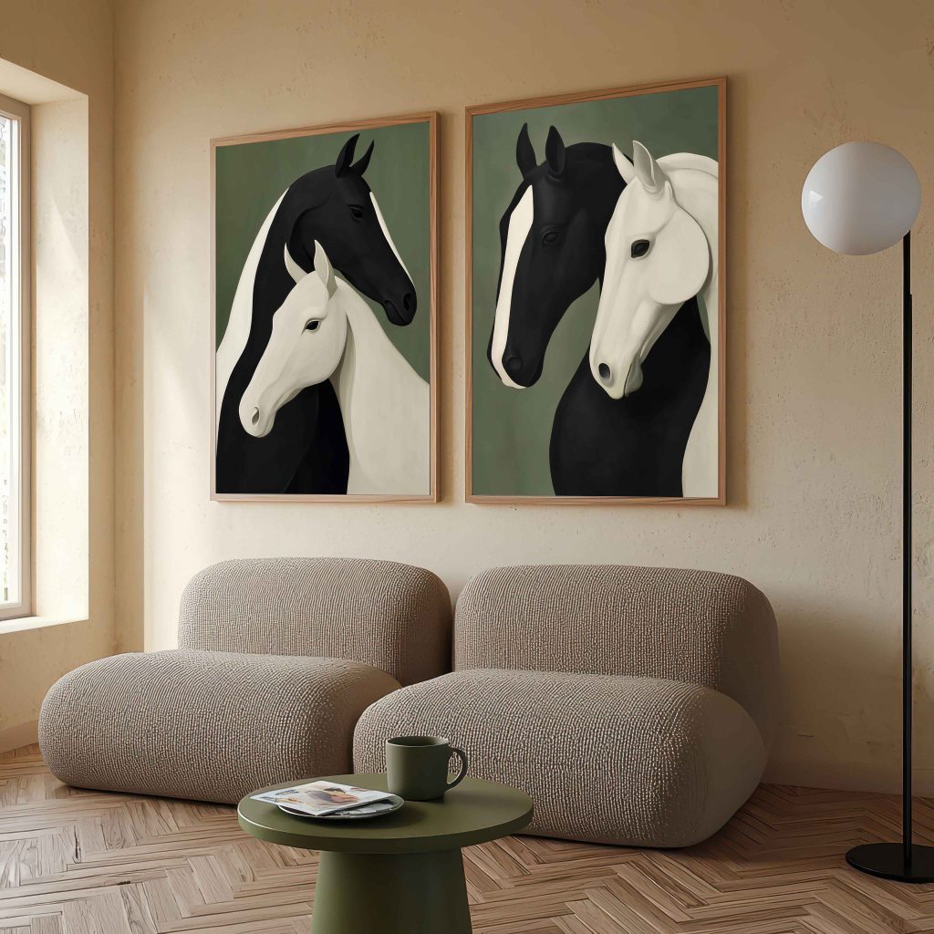 تابلو دکوراتیو مینیمال اسب‌های سیاه و سفید