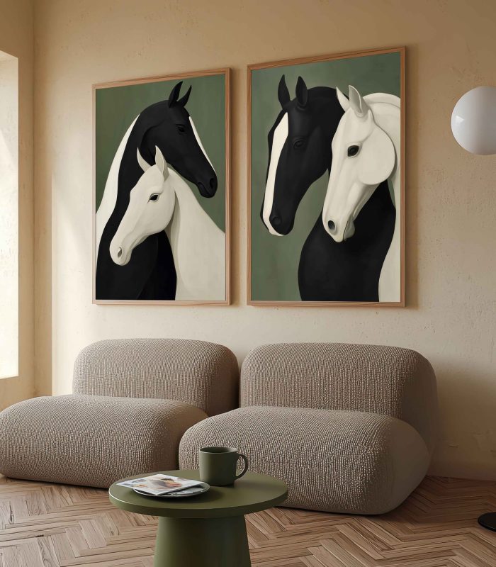 تابلو دکوراتیو مینیمال اسب‌های سیاه و سفید
