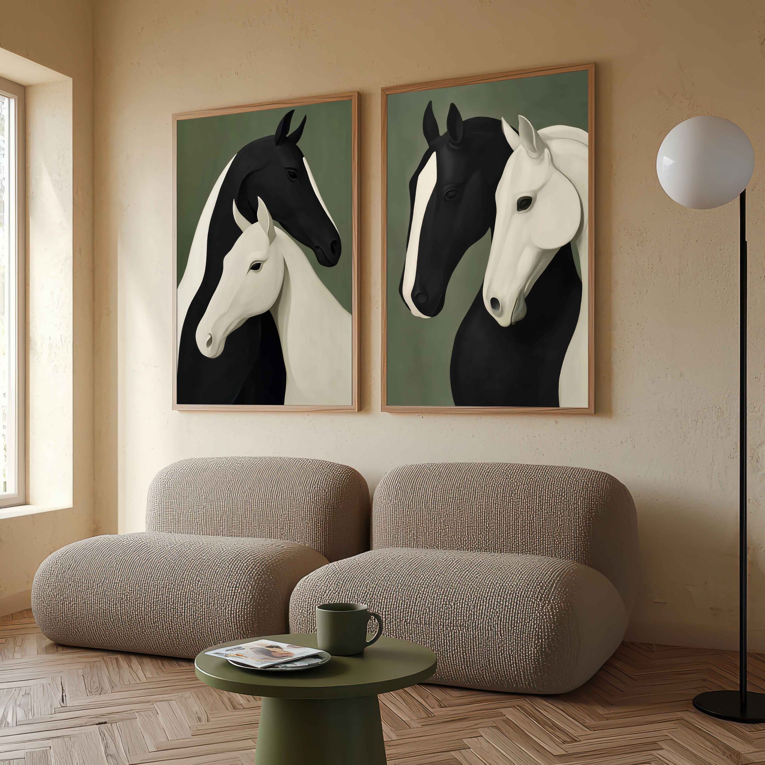 تابلو دکوراتیو مینیمال اسب‌های سیاه و سفید