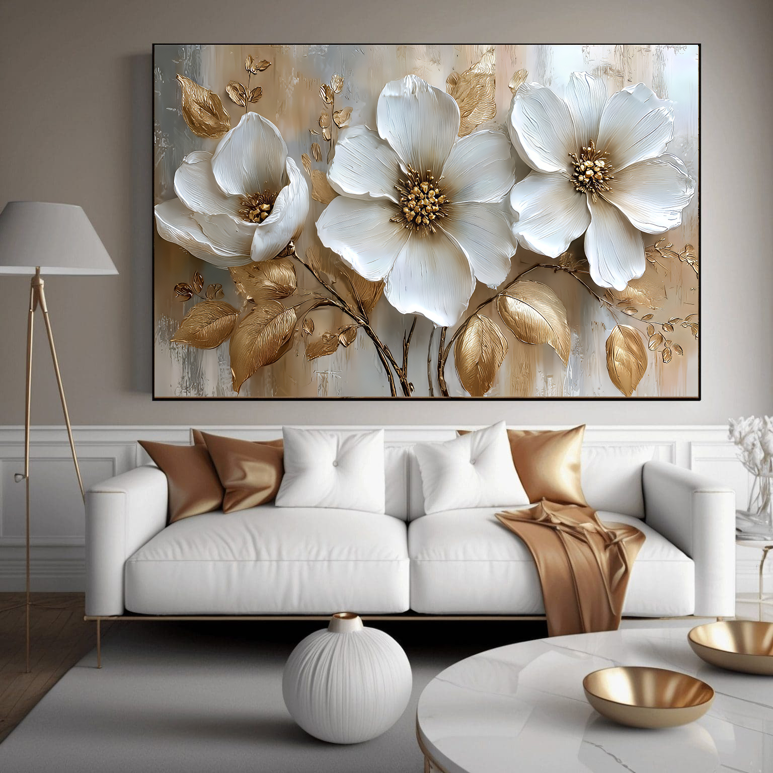 تابلو دکوراتیو لوکس و مدرن طرح گل و برگ طلایی