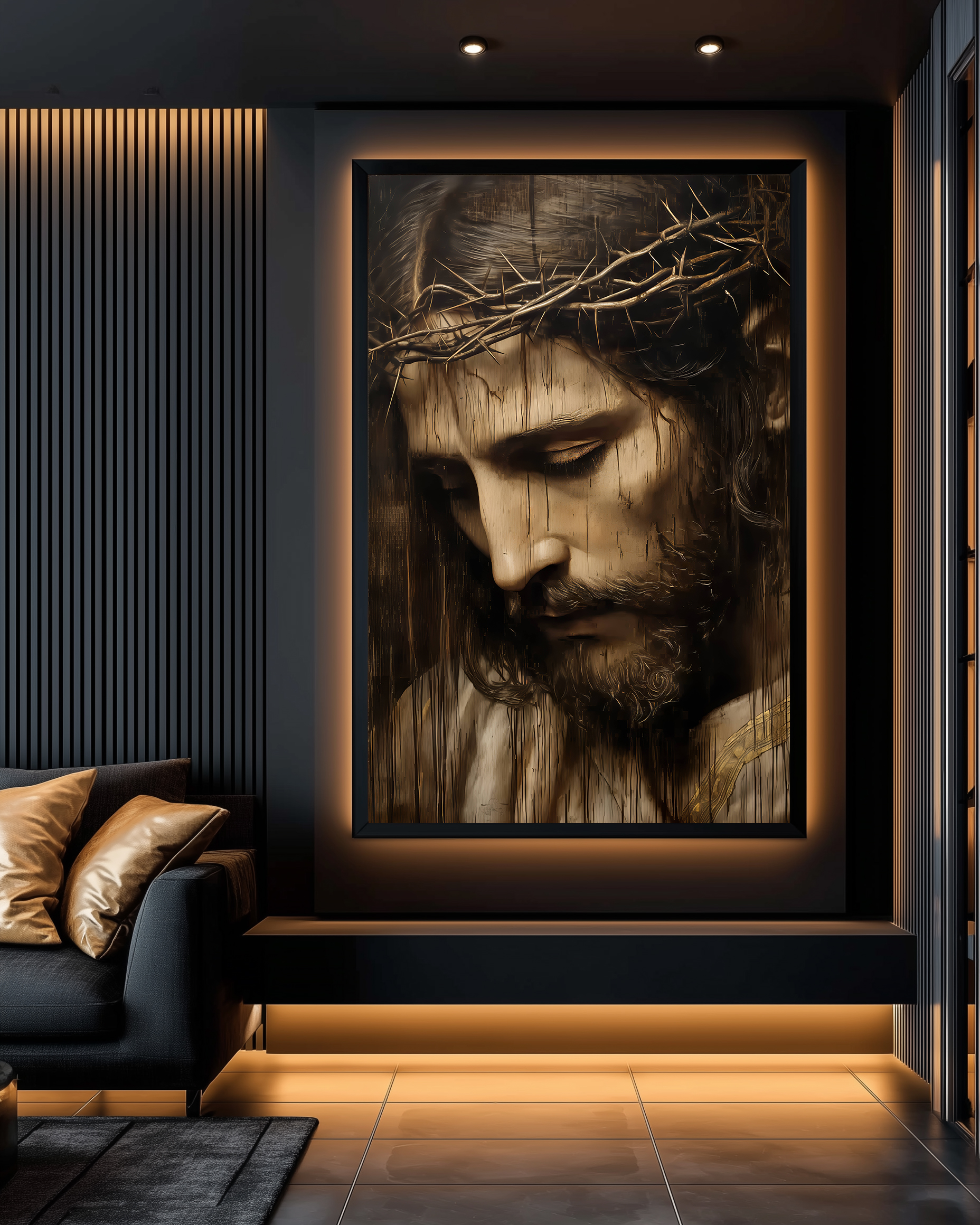 u8771783965_A_large_empty_black-framed_canvas_with_a_pure_hite_758631da-3842-4c95-a810-27407a369c63 copy (2) تابلو کلاسیک پرتره مسیح با تاج خار