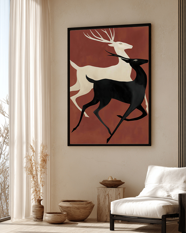 تابلو مدرن گوزن نمادین مشکی و سفید | سبک Art Deco | عمق بصری شیک