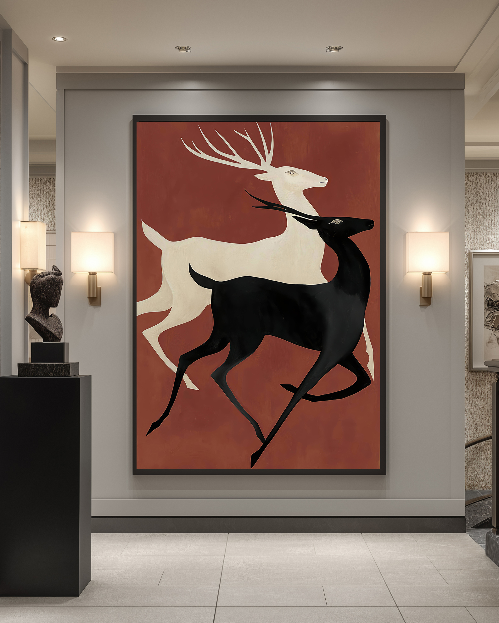 تابلو مدرن گوزن نمادین مشکی و سفید | سبک Art Deco | عمق بصری شیک