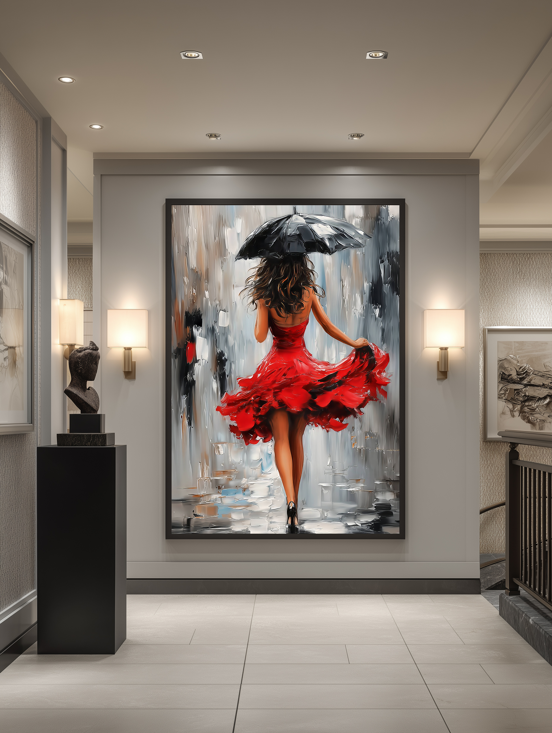 تابلو دکوراتیو زن با لباس قرمز و چتر | هنر مدرن با کنتراست قرمز و مشکی