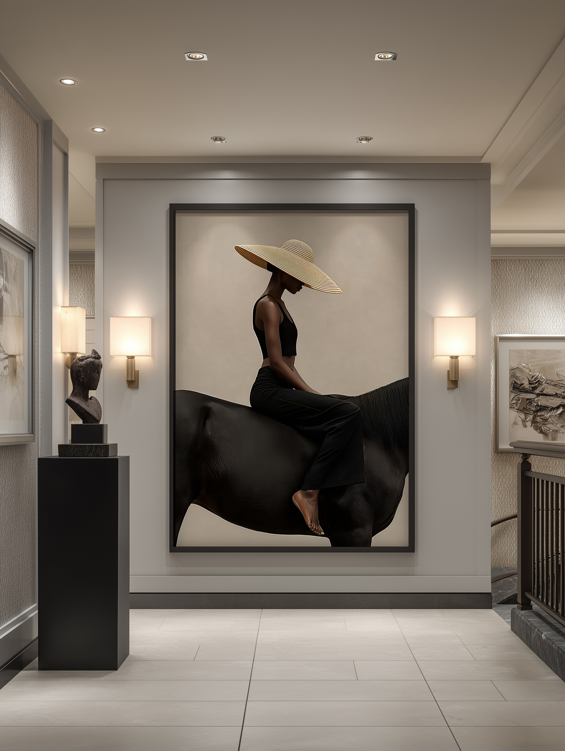 تابلو دکوراتیو مدرن طرح بانوی سوار بر اسب مشکی