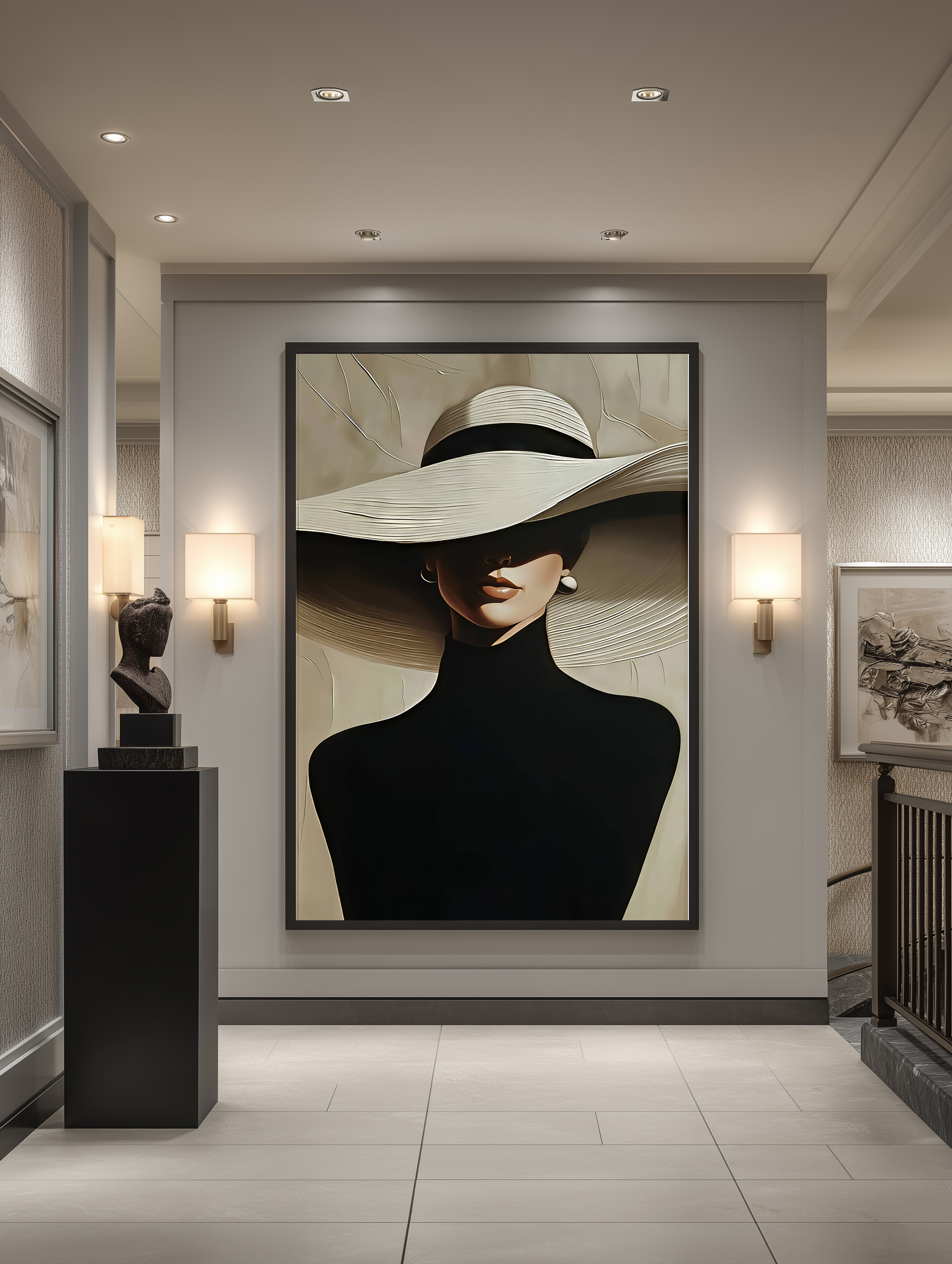 تابلو دکوراتیو بانوی کلاه بزرگ فشن | پرتره زن با یقه اسکی مشکی