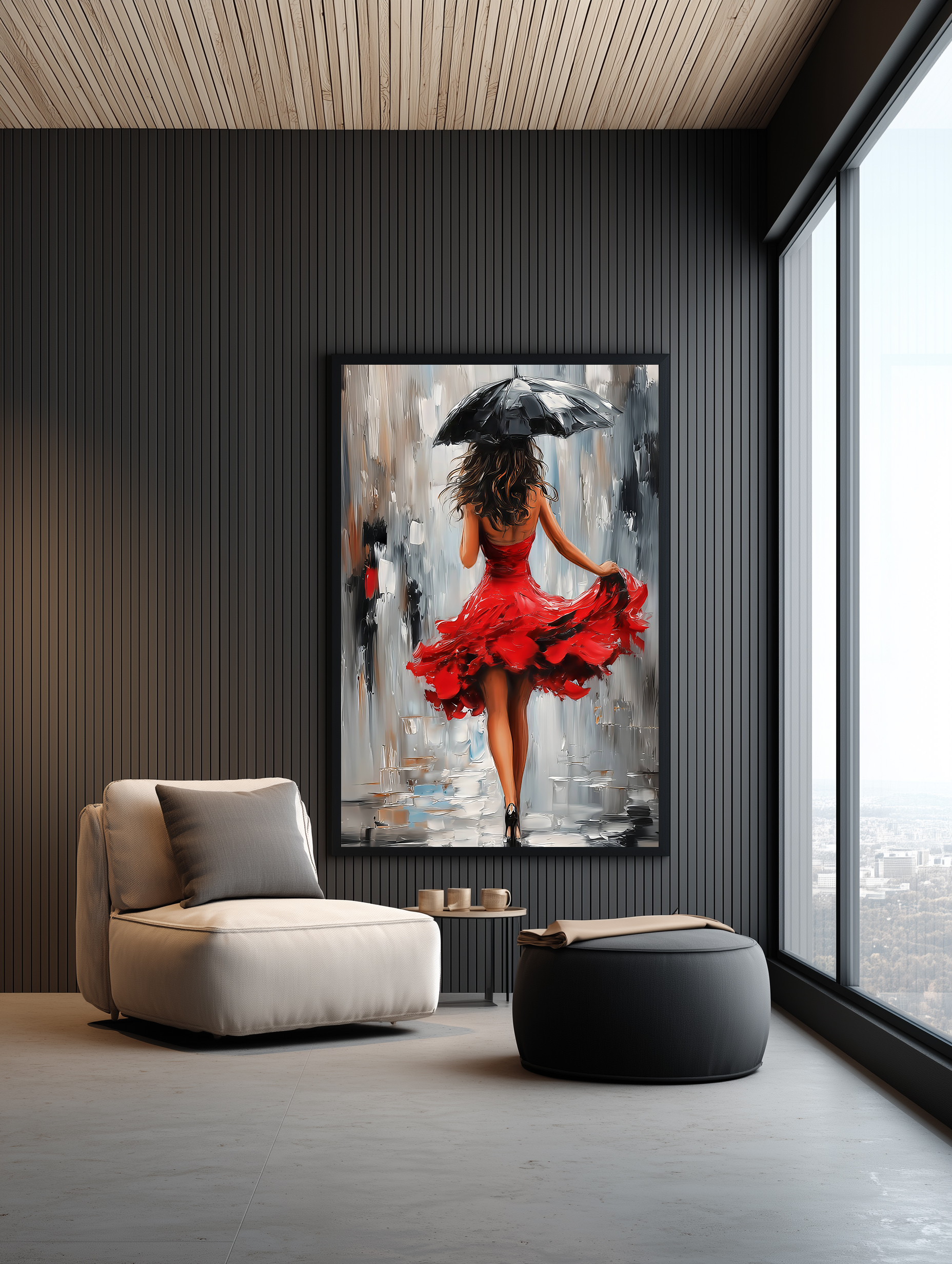 تابلو دکوراتیو زن با لباس قرمز و چتر | هنر مدرن با کنتراست قرمز و مشکی