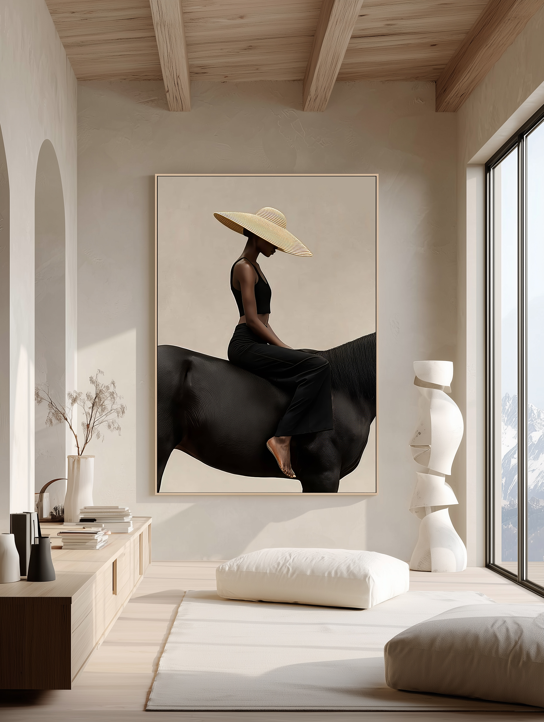 تابلو دکوراتیو مدرن طرح بانوی سوار بر اسب مشکی