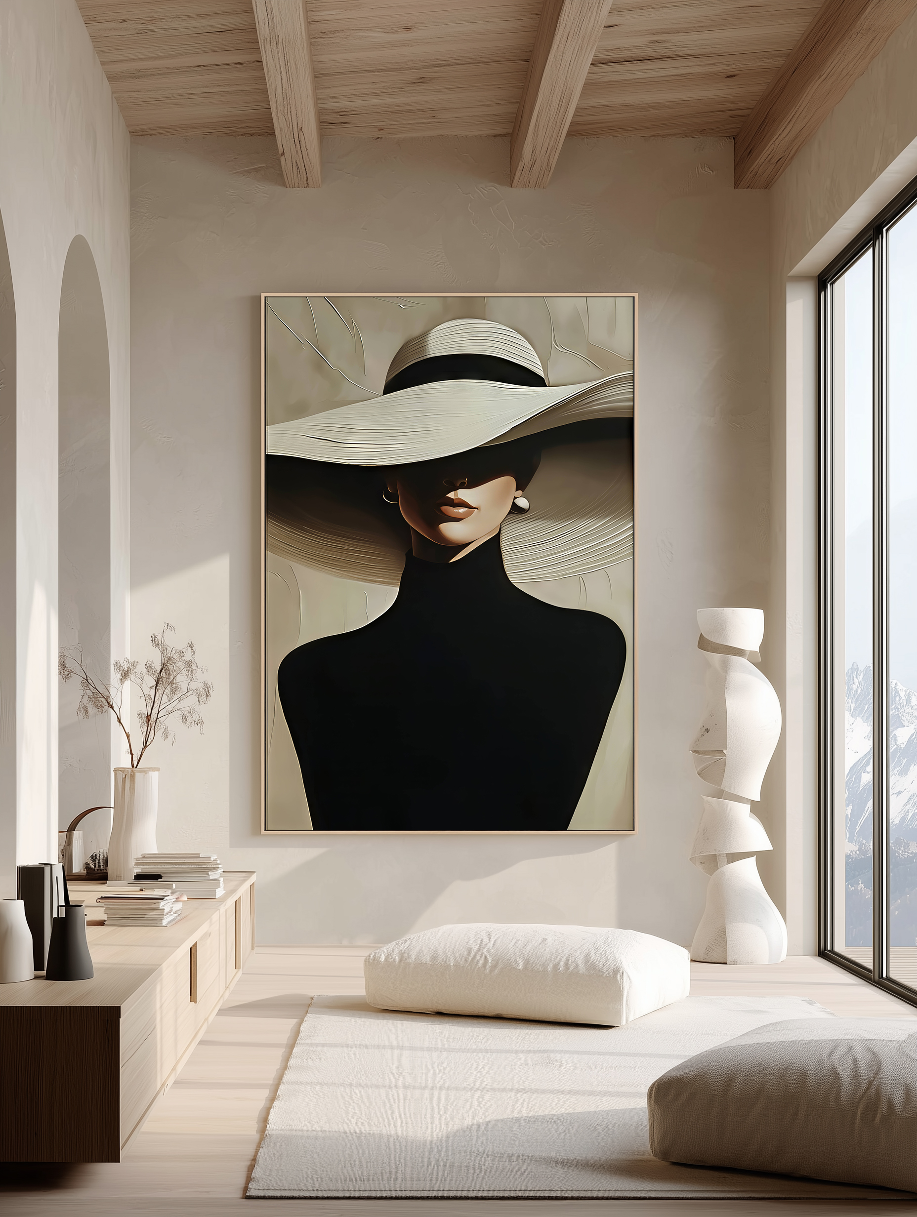 تابلو دکوراتیو بانوی کلاه بزرگ فشن | پرتره زن با یقه اسکی مشکی