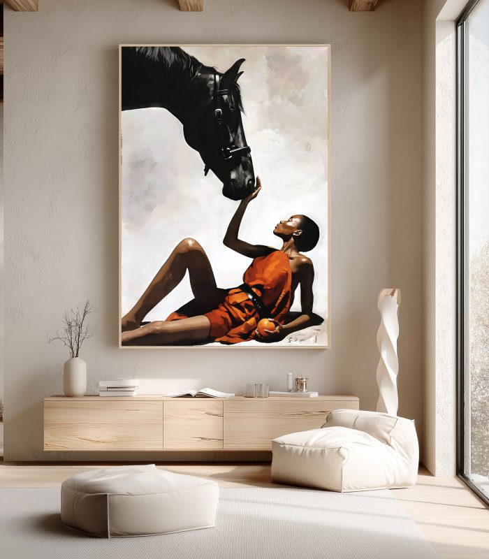 تابلو دکوراتیو پرتره زن و اسب