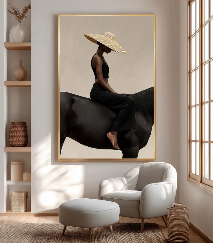 تابلو دکوراتیو مدرن طرح بانوی سوار بر اسب مشکی