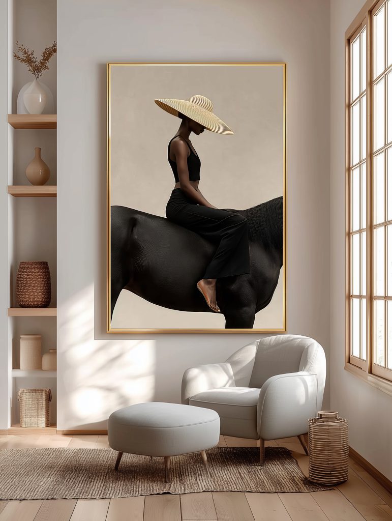 تابلو دکوراتیو مدرن طرح بانوی سوار بر اسب مشکی