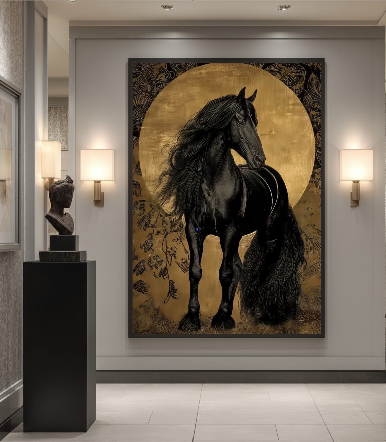 تابلو اسب مشکی با زمینه طلایی