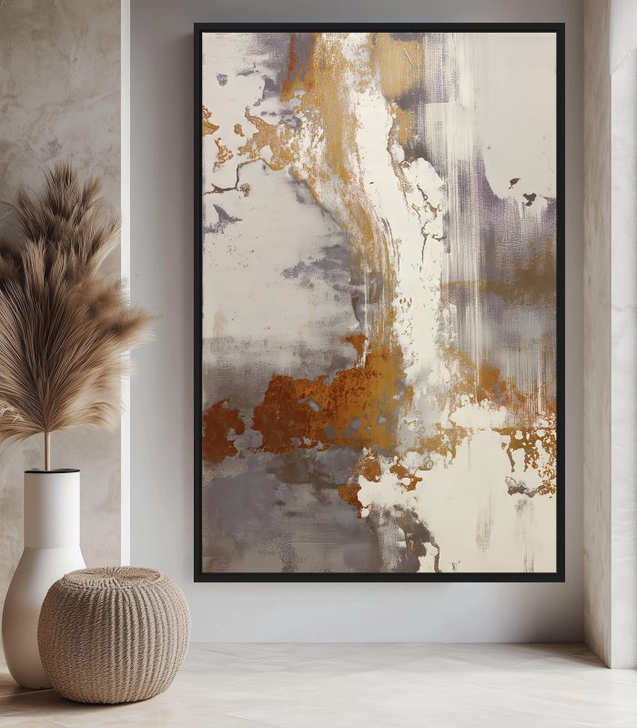 تابلو دکوراتیو آبستره مدرن با بافت طلایی و طوسی