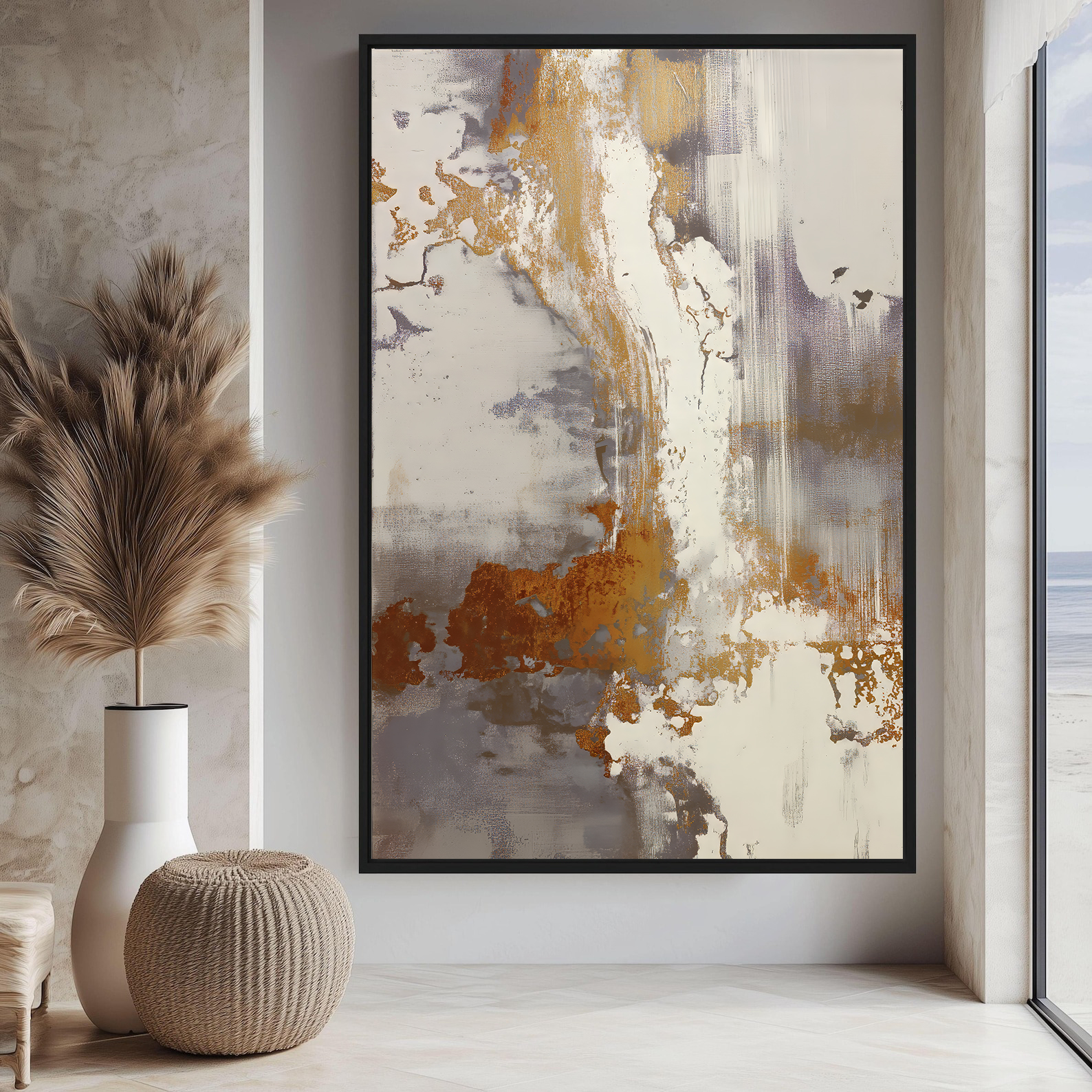 تابلو دکوراتیو آبستره مدرن با بافت طلایی و طوسی